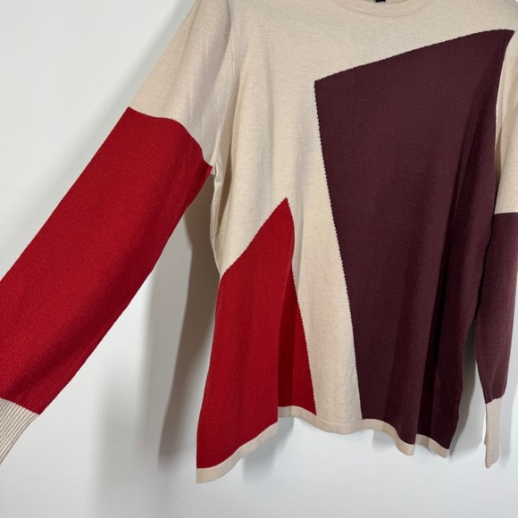 EXUS Beige Red Colorblock Geometric Sweater Size XL Modern Long Sleeve Knit - Picture 9 of 15